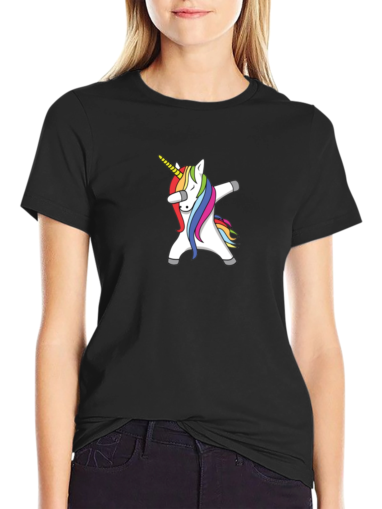 Black Dabbing Unicorn Graphic Tee - Black Cotton Blend Shirt view 2