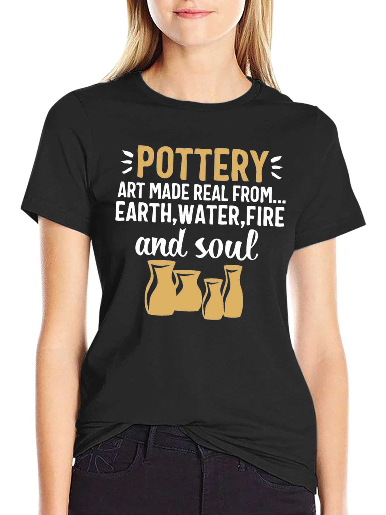 Black Pottery Art T-Shirt: Earth, Water, Fire & Soul view 2