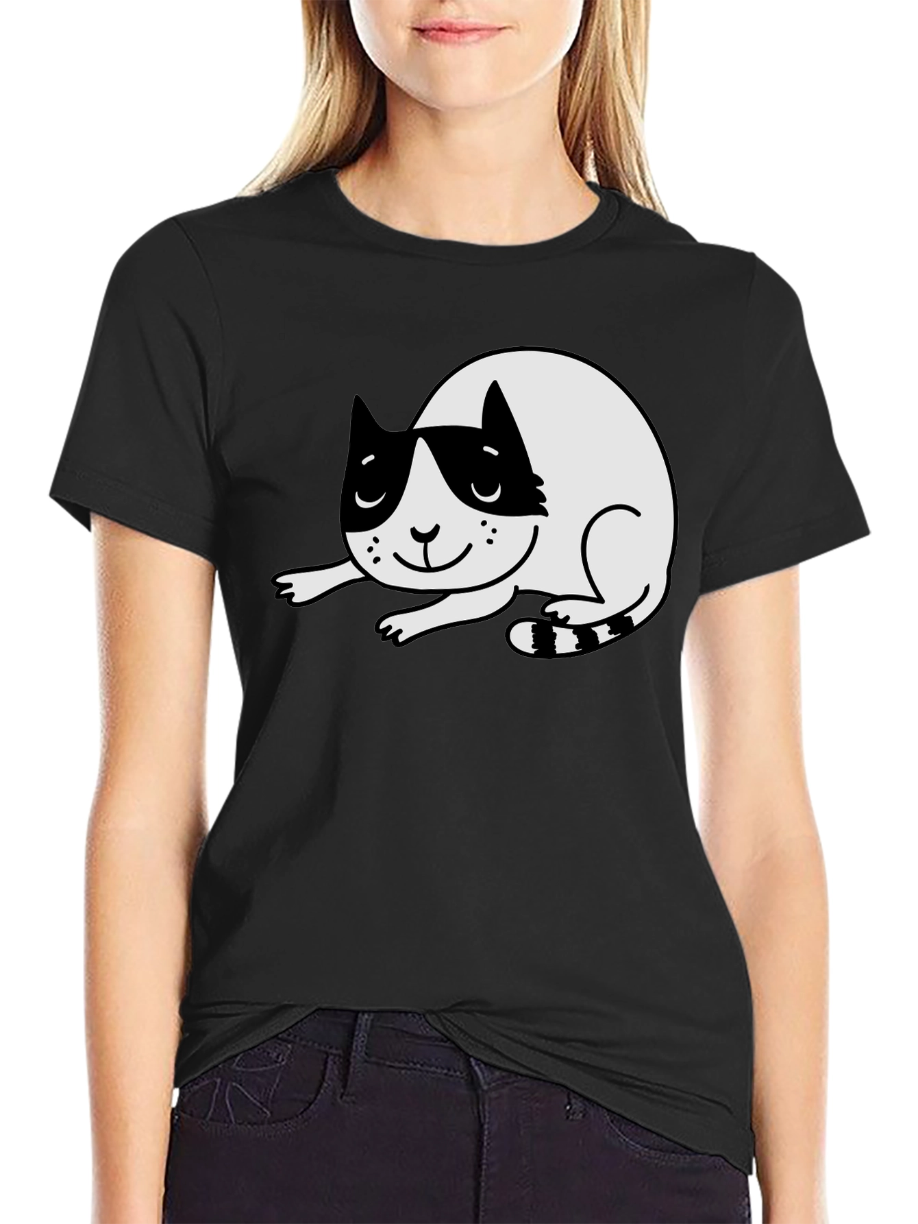 Black Cute Cat Graphic T-Shirt - Black view 2