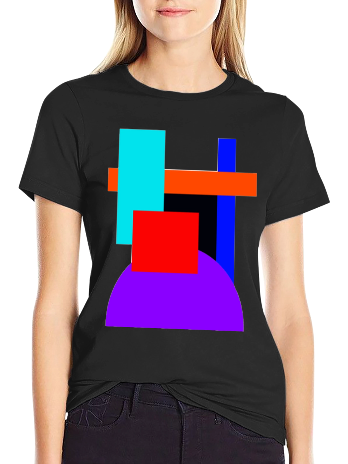 Black Abstract Geometric T-Shirt - Bold Color Block Design view 2