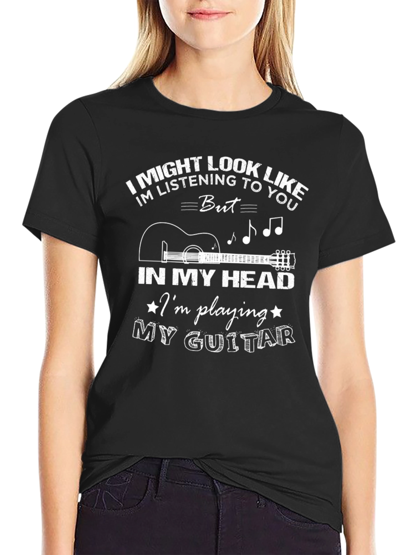 Black Guitar Player Humor T-Shirt: I'm Playing My Guitar In My Head view 2