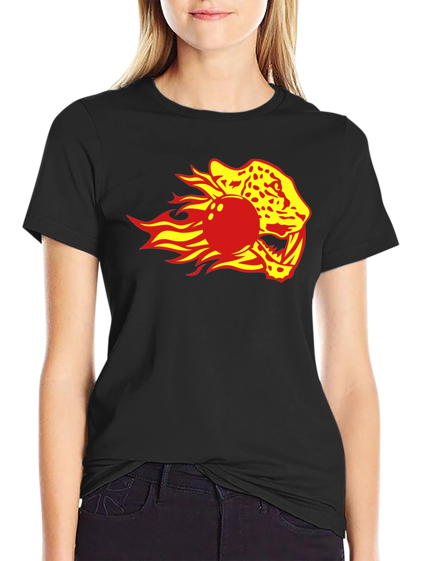 Black Flaming Leopard Bowling Ball Graphic Tee view 2