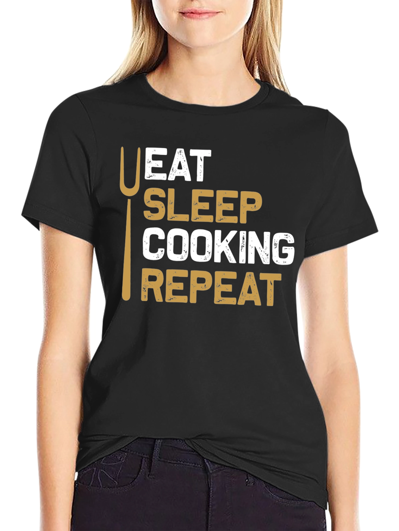 Black Eat Sleep Cooking Repeat T-Shirt - Chef Gift view 2