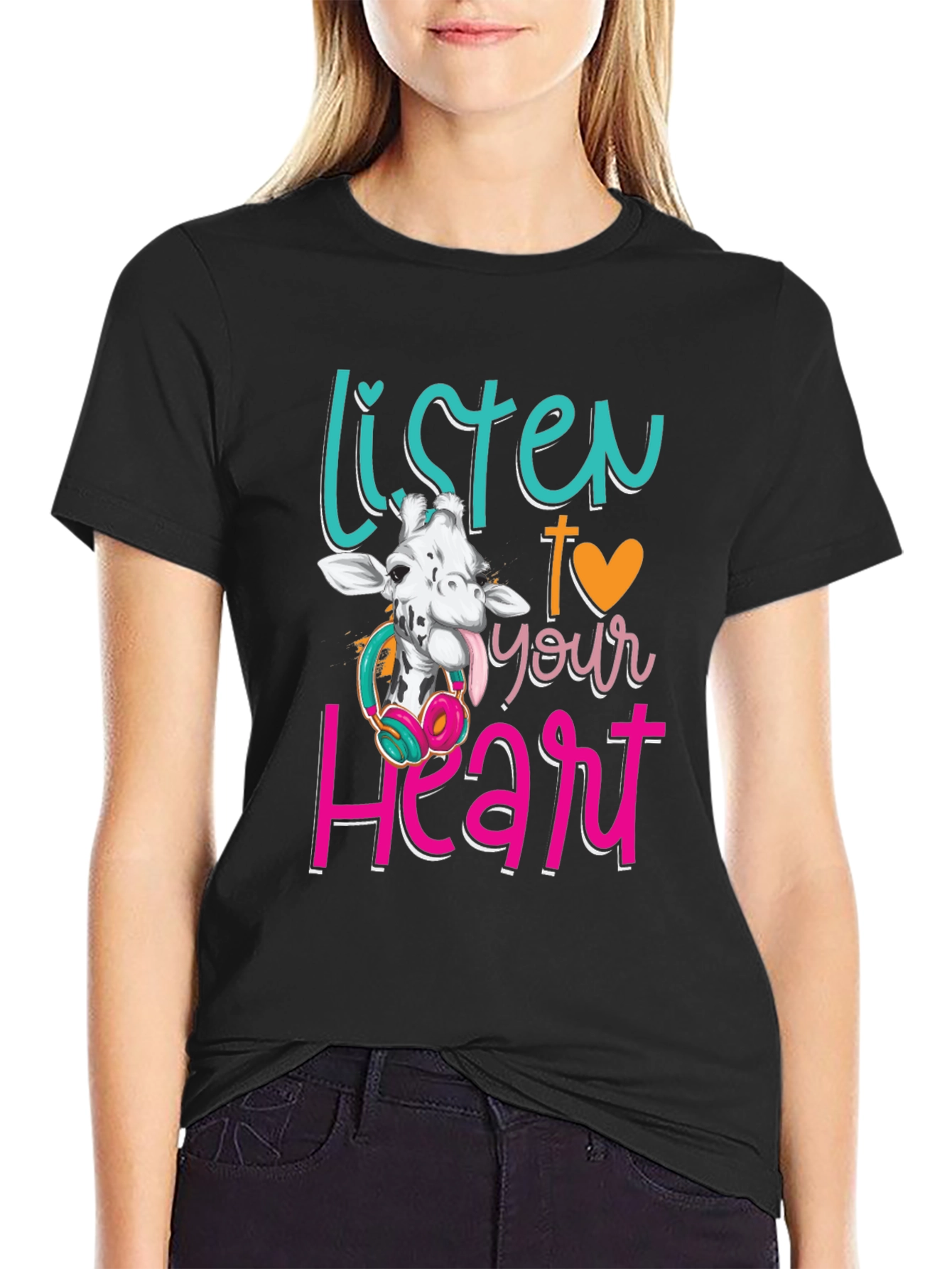 Black Listen to Your Heart Giraffe T-Shirt view 2
