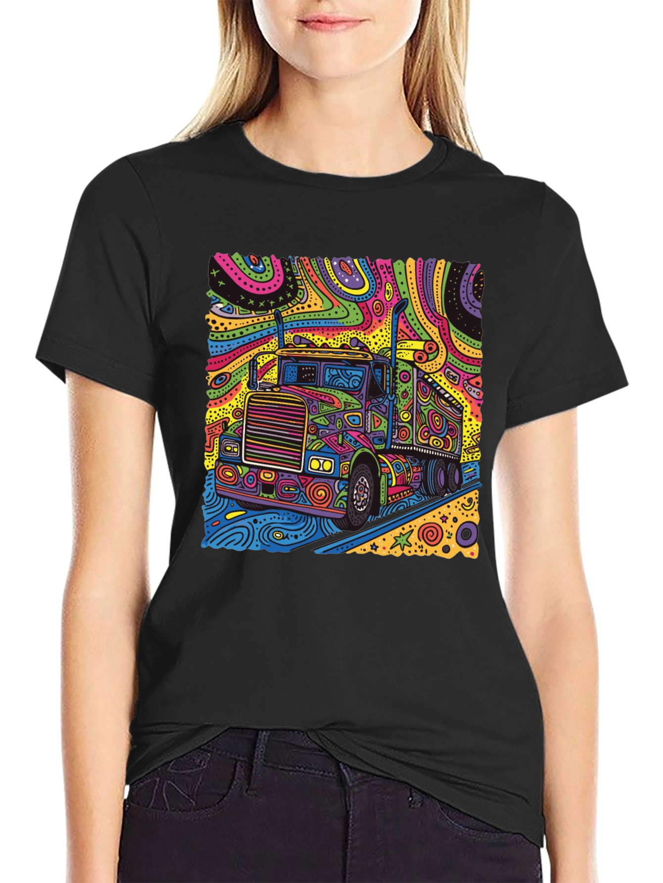 Black Psychedelic Truck T-Shirt - Colorful Semi Truck Design view 2