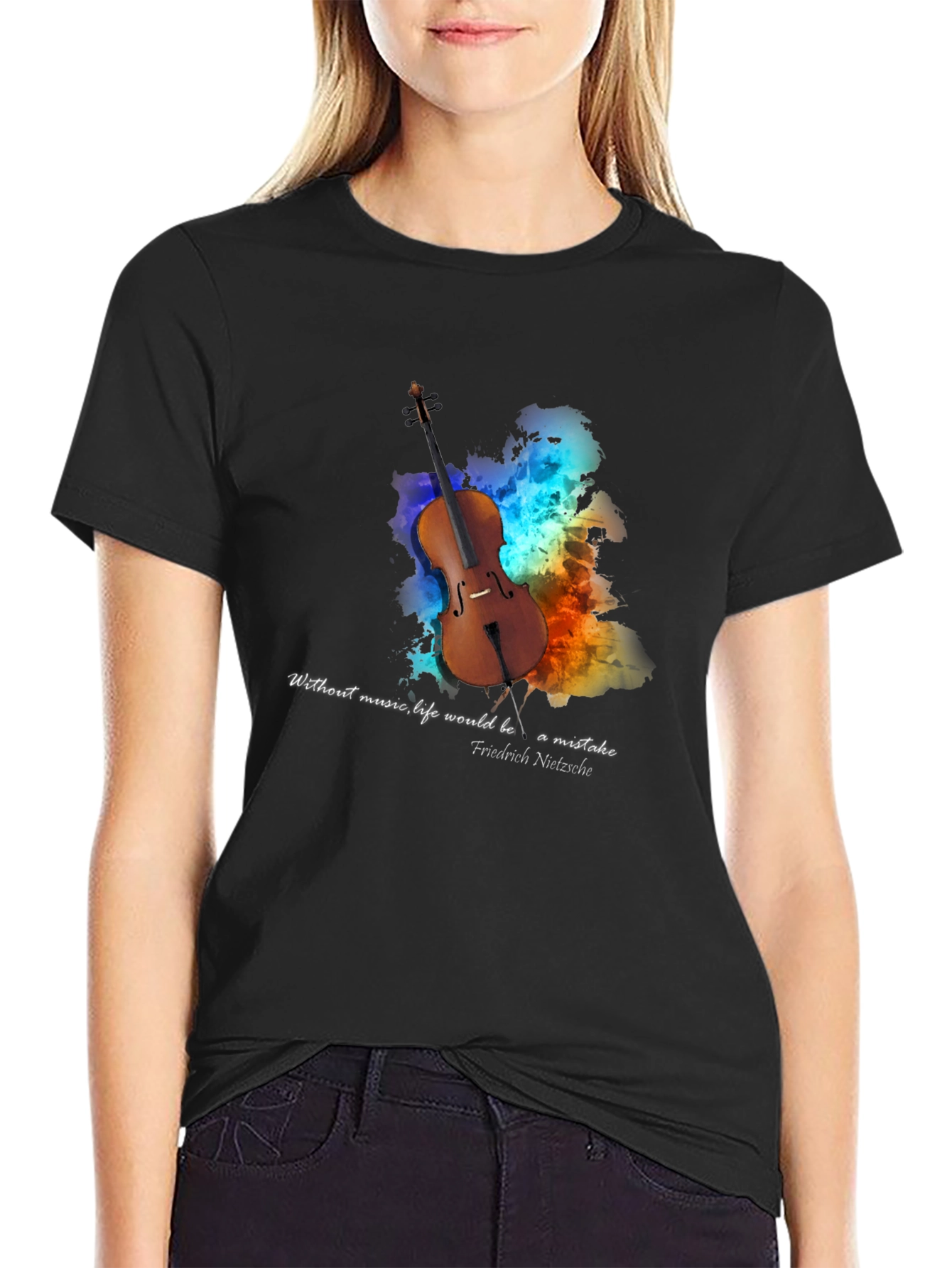 Black Music Lover's T-Shirt: Nietzsche Quote with Cello Design view 2