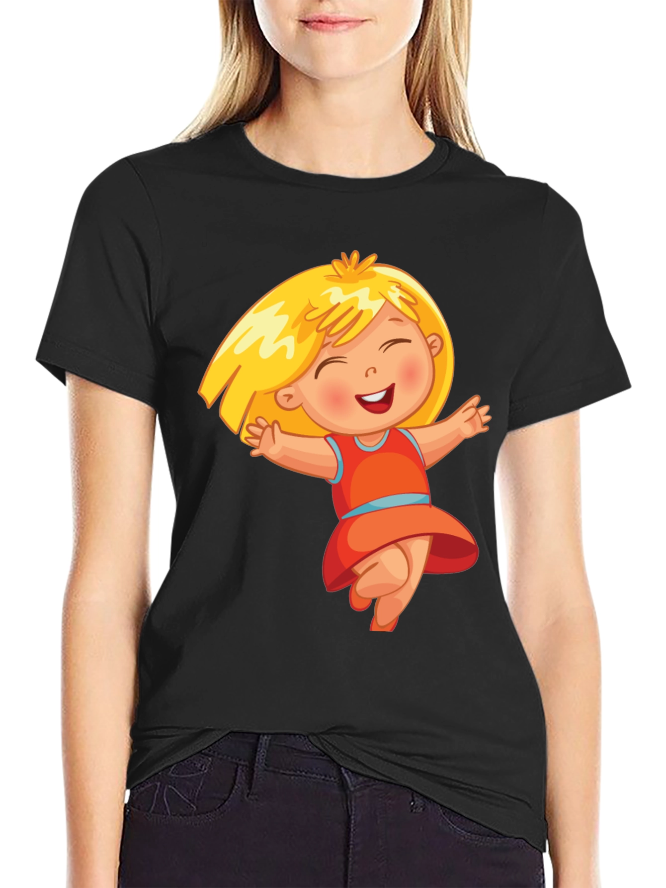 Black Cute Cartoon Girl Black T-Shirt view 2