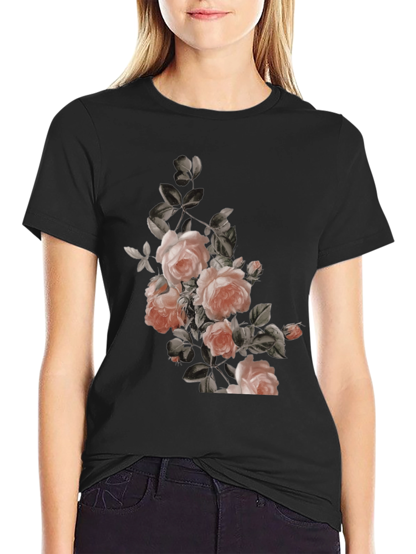 Black Floral Graphic Print Black T-Shirt view 2