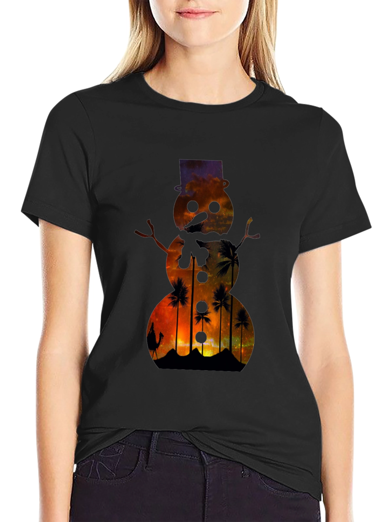 Black Sunset Snowman T-Shirt view 2