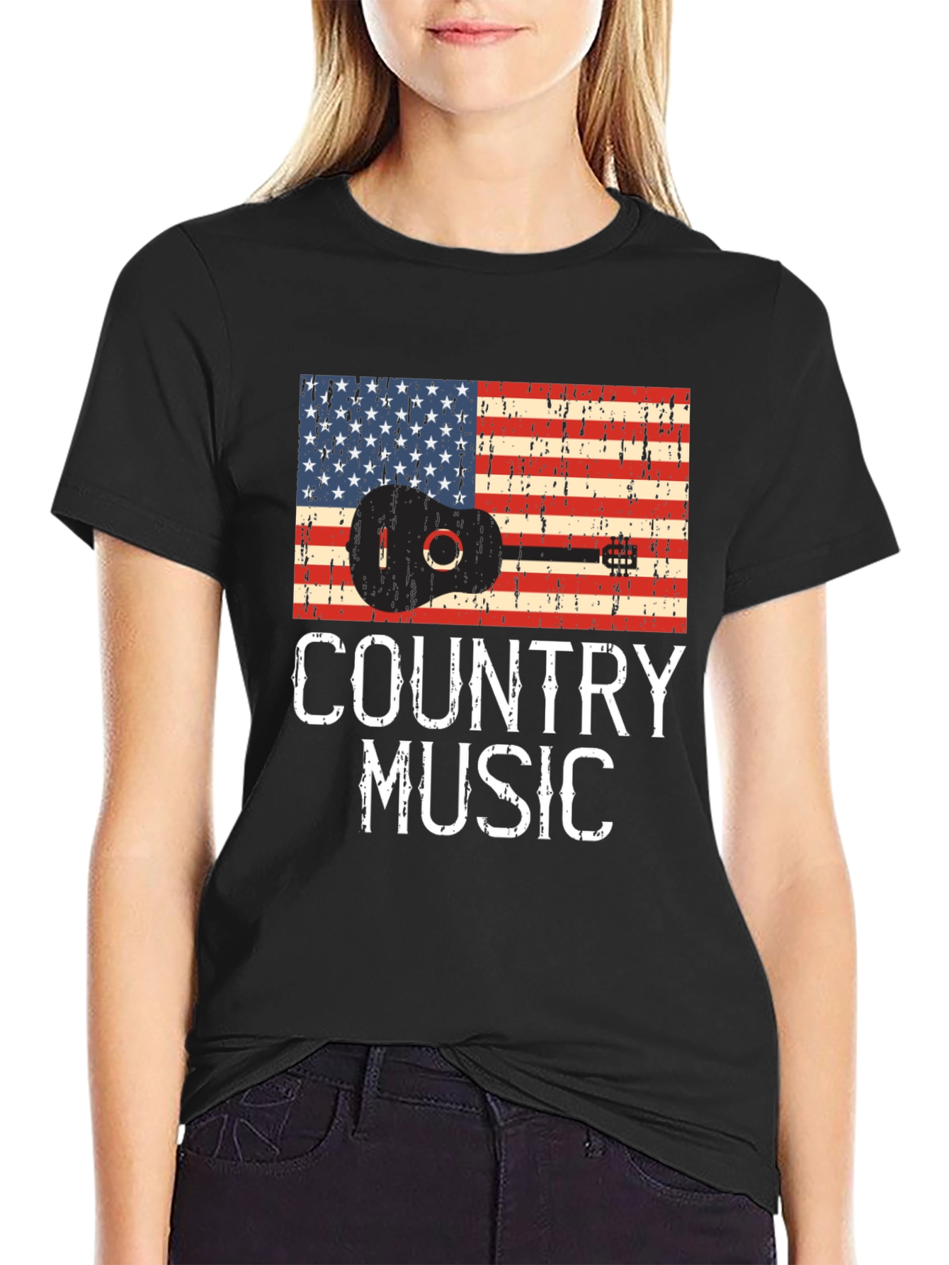 Black Country Music Guitar American Flag T-Shirt view 2