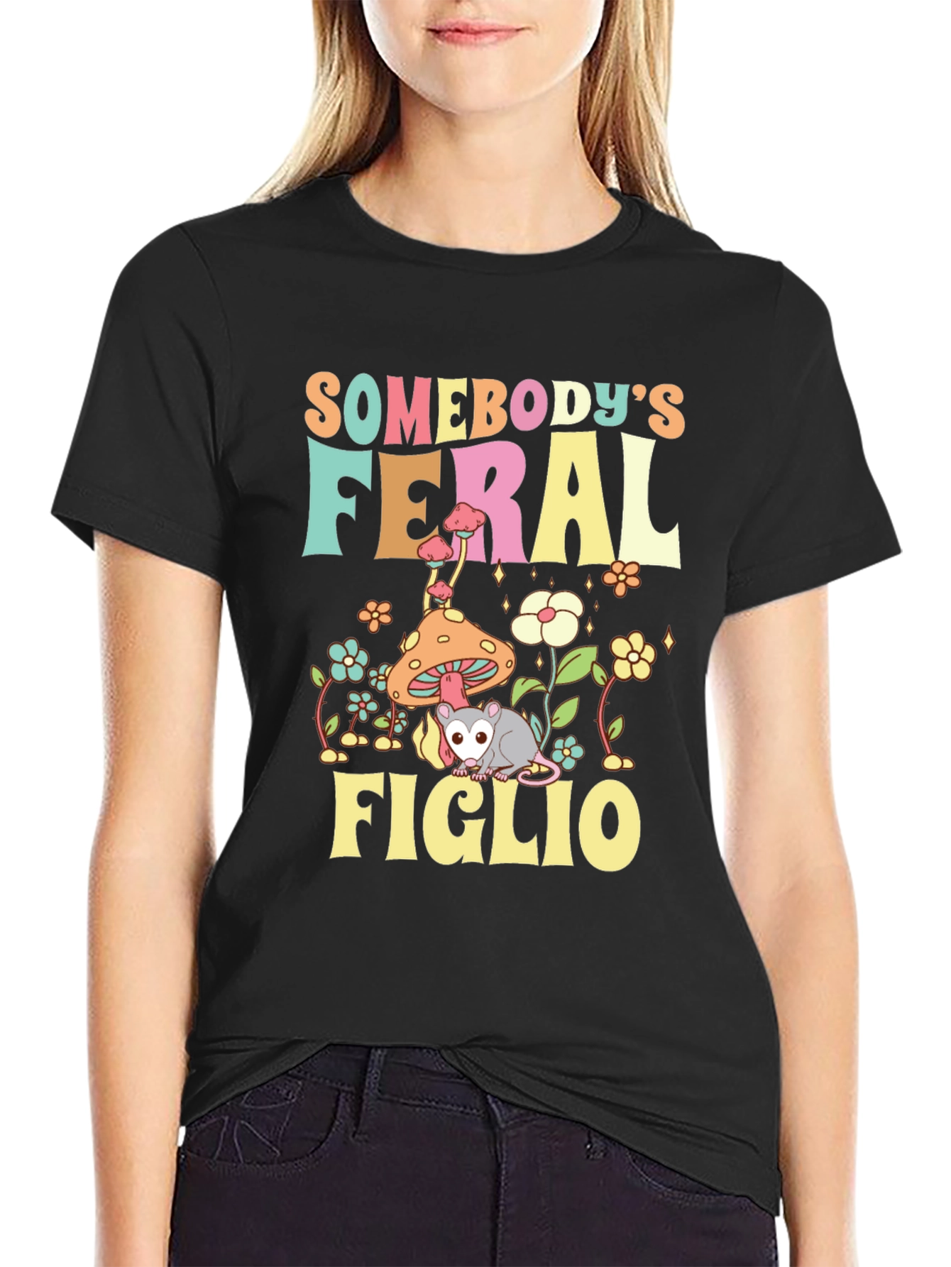 Black Feral Figlio T-Shirt - Cute Possum Design view 2