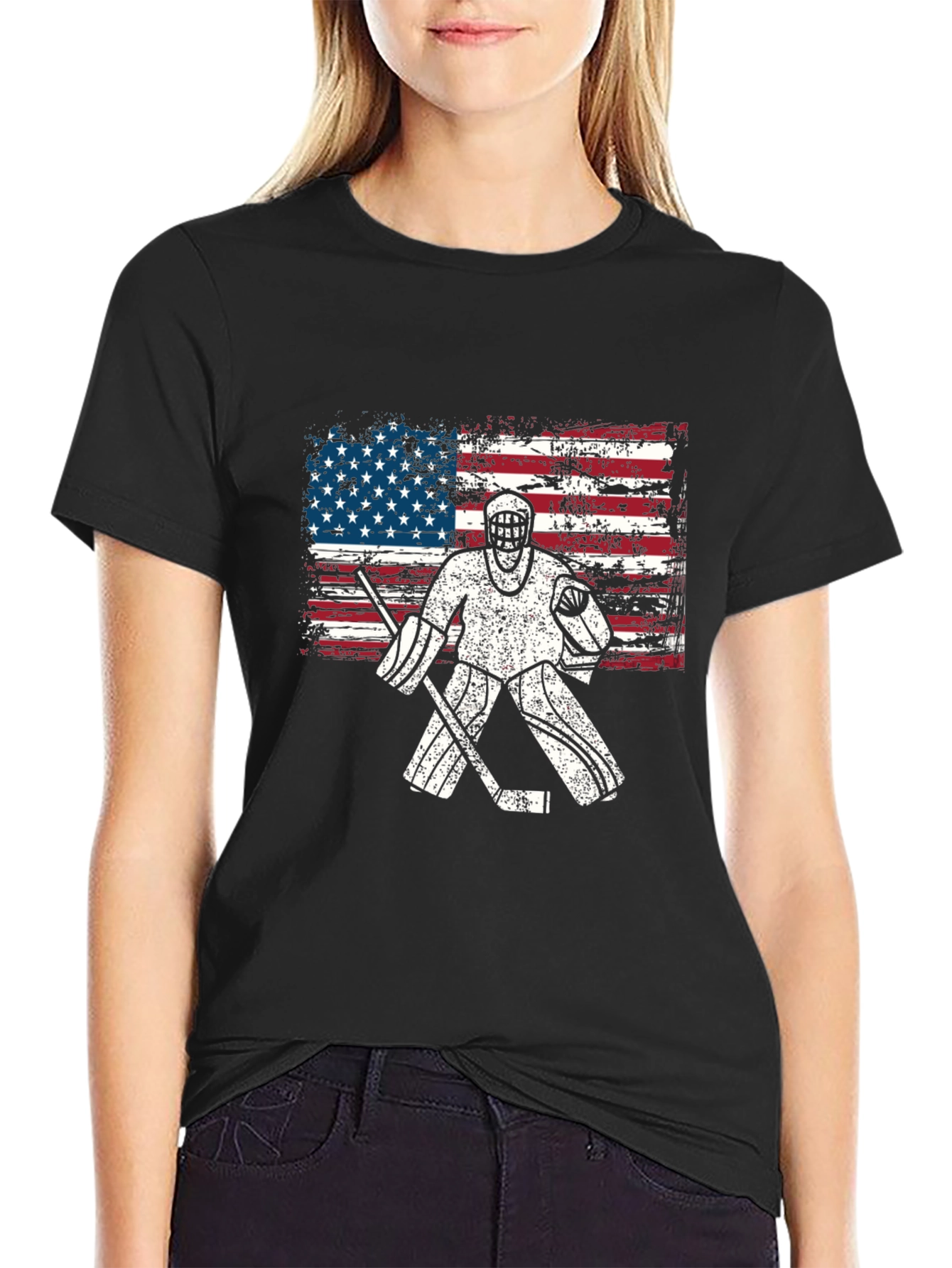 Black USA Hockey Goalie T-Shirt - Patriotic American Flag Design view 2