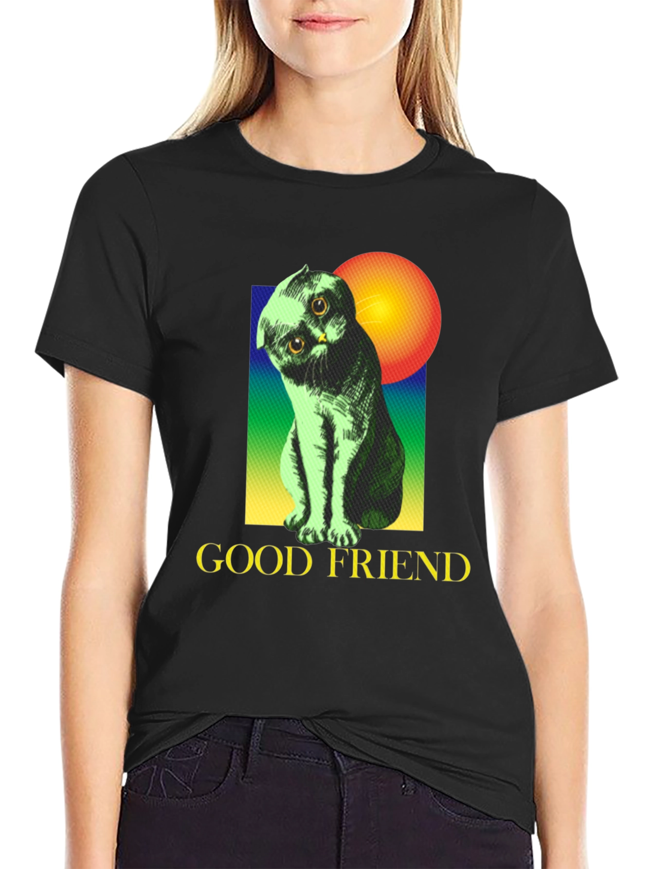 Black Good Friend Cat Graphic Tee - Unisex Soft Cotton Shirt view 2