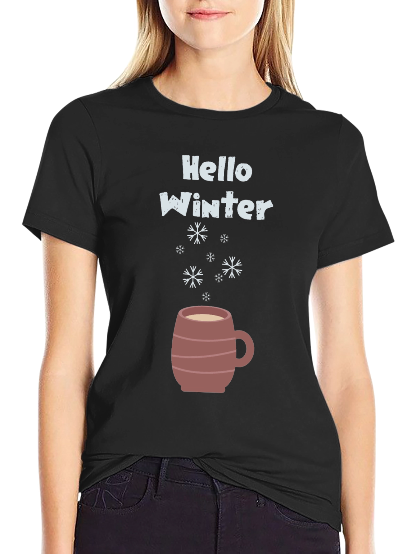 Black Hello Winter Graphic Tee - Cozy Mug Design view 2