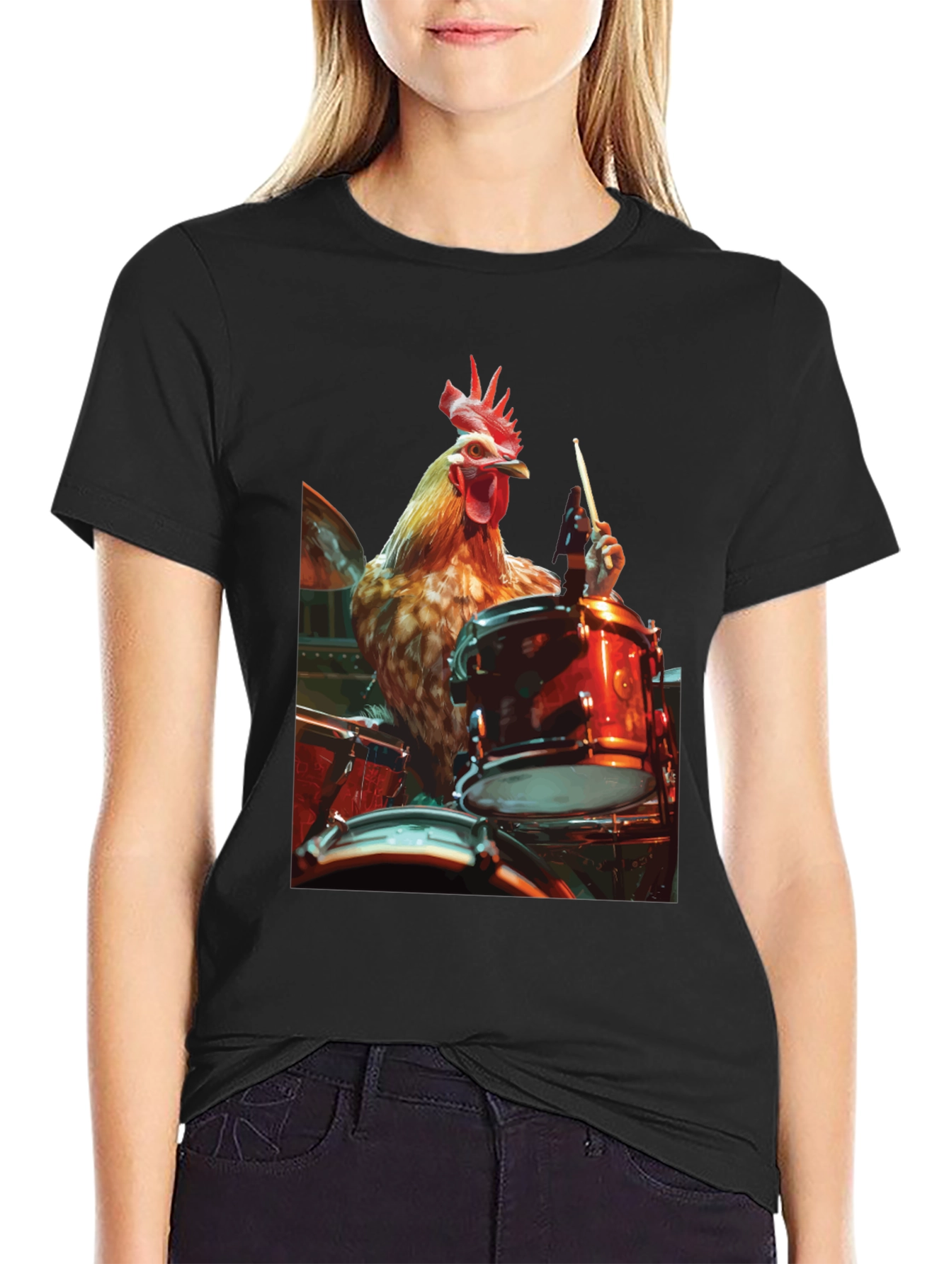 Black Chicken Drummer T-Shirt - Black Graphic Tee view 2