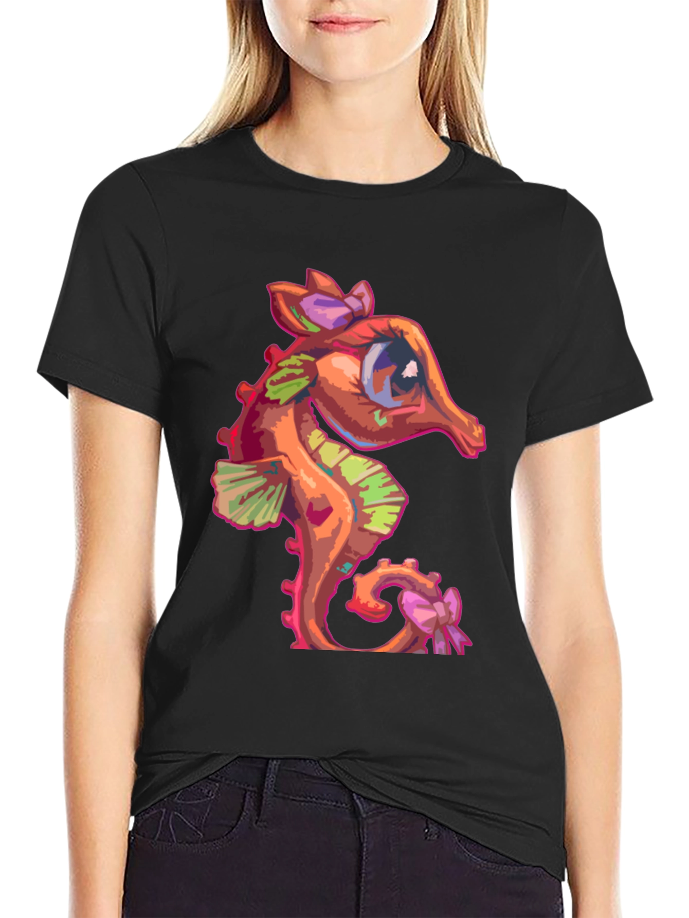 Black Seahorse Graphic Tee - Cute Cartoon Style view 2