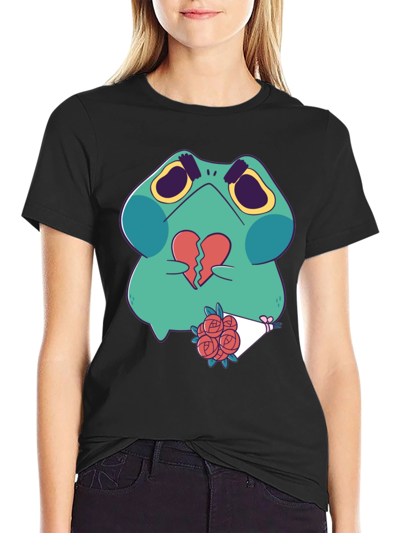 Black Sad Frog with Broken Heart Graphic T-Shirt view 2