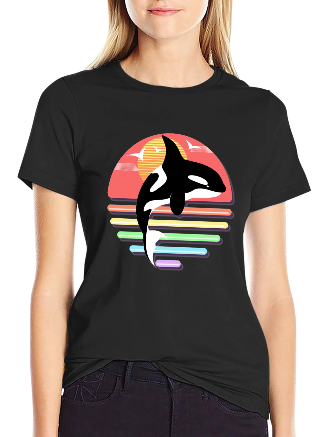 Black Retro Orca Whale Sunset Graphic T-Shirt view 2