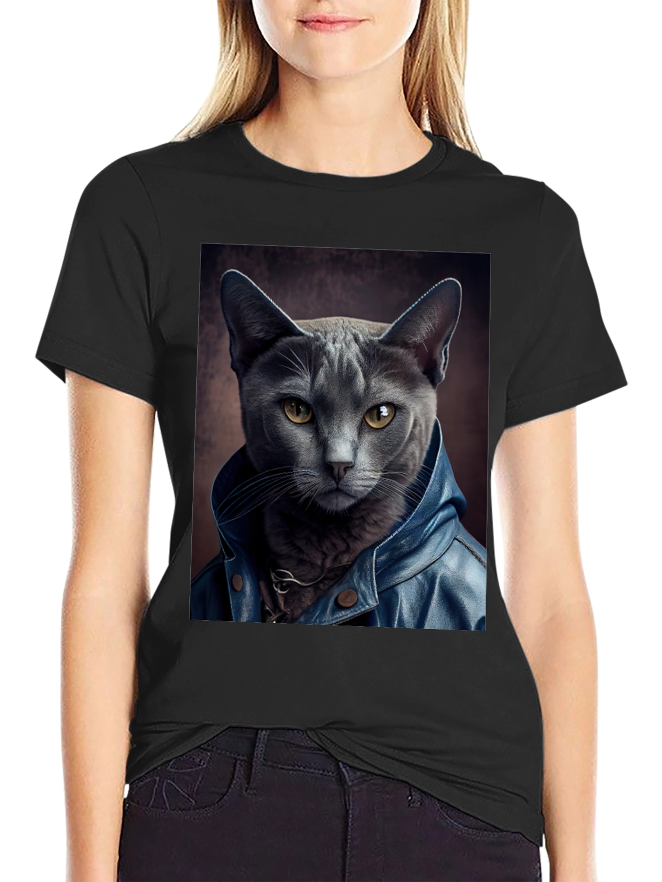 Black Cat in Leather Jacket Graphic Tee view 2