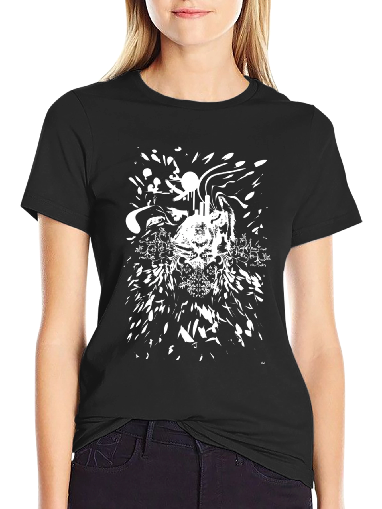 Black Edgy Black Graphic Tee - Skull & Abstract Design view 2