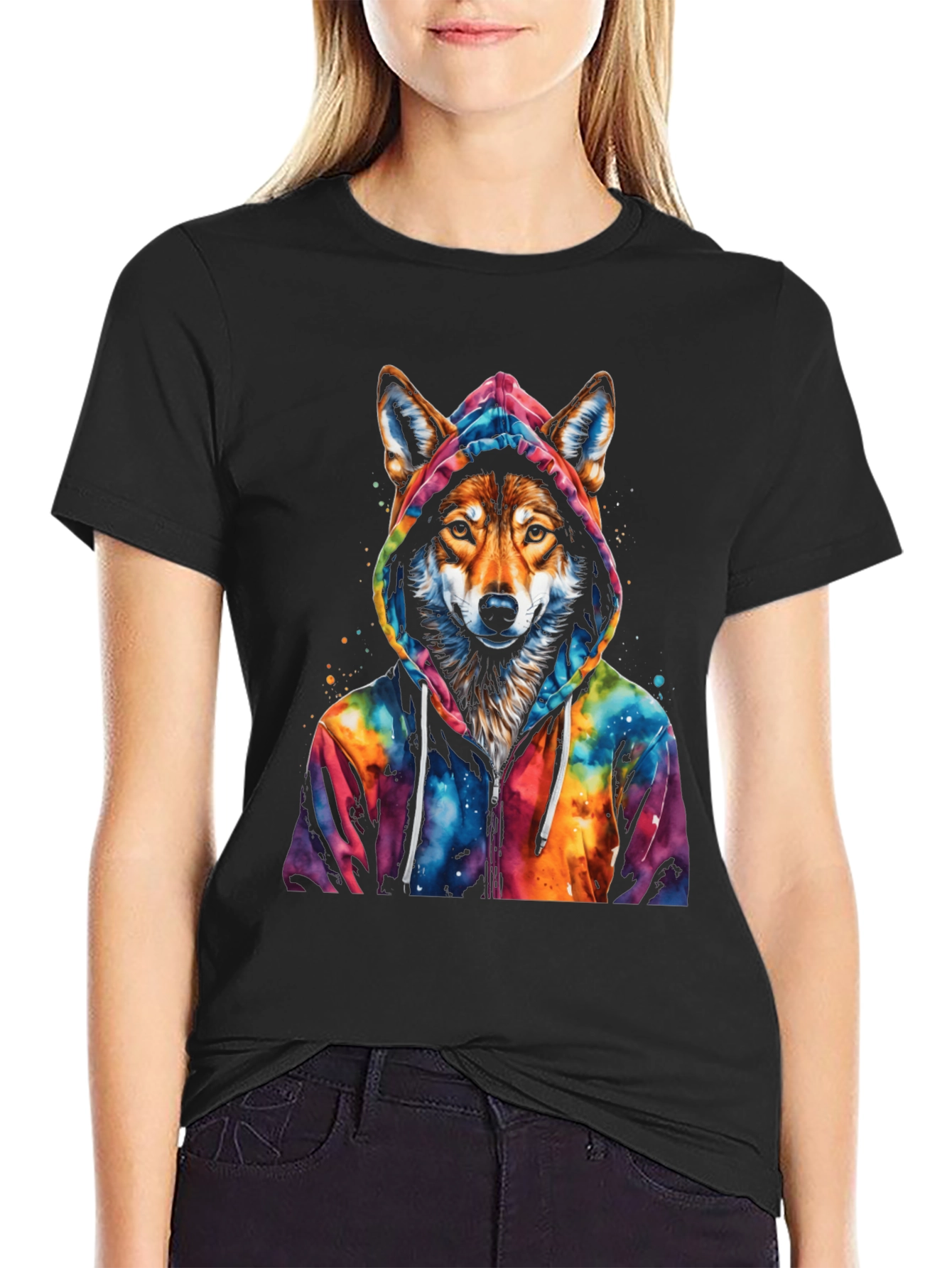 Black Wolf in Hoodie Graphic Tee view 2