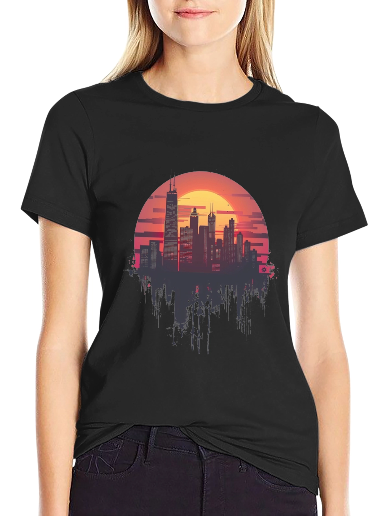 Black Sunset Cityscape Graphic Tee - Retro Style view 2