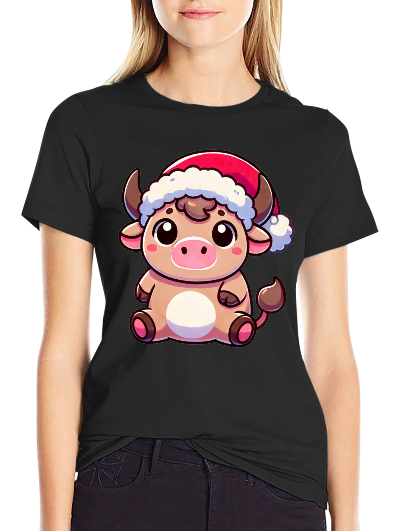 Black Festive Cow T-Shirt - Holiday Cartoon Bull Tee view 2