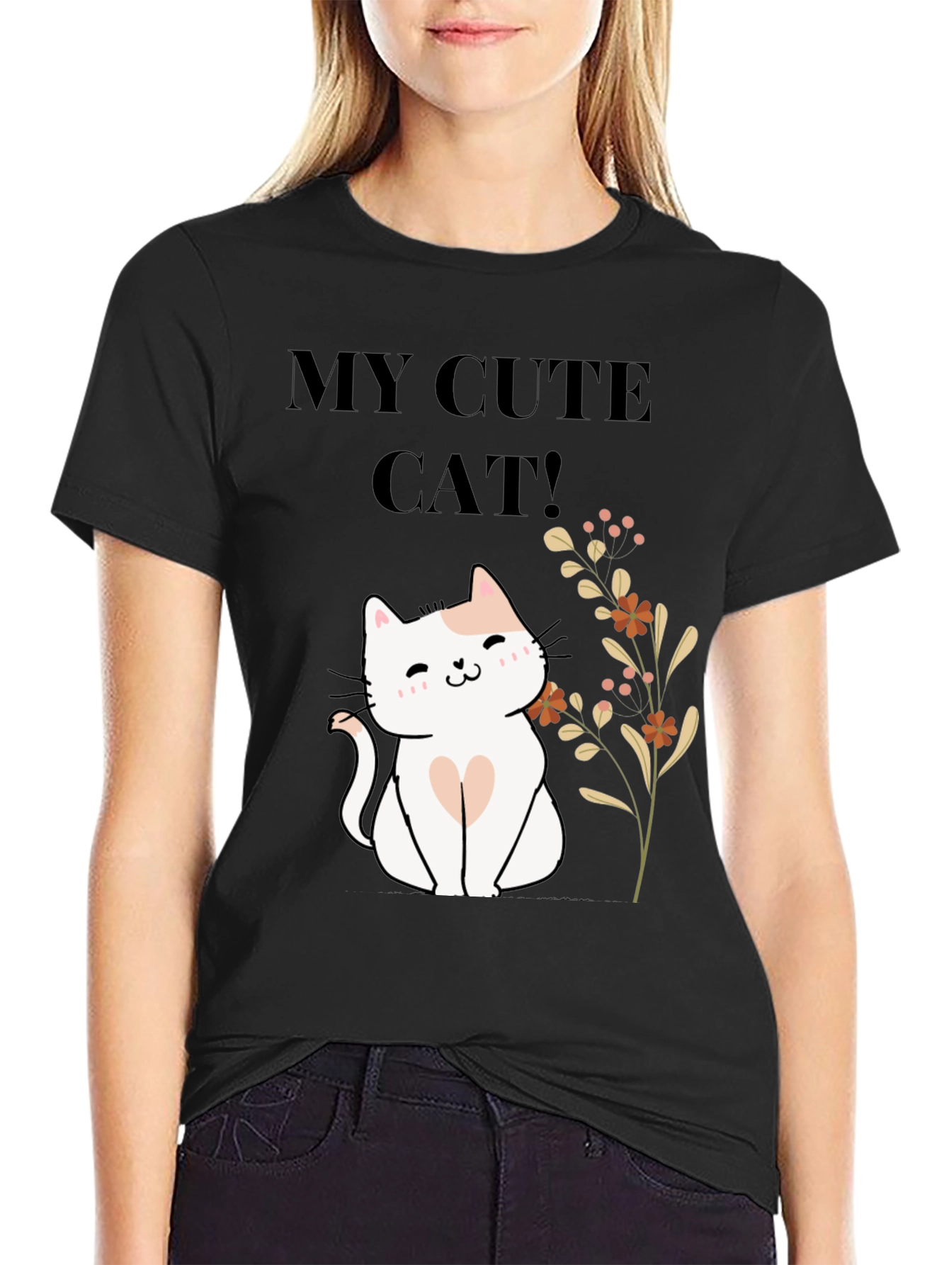 Black Cute Cat T-Shirt - Black Cotton Blend view 2