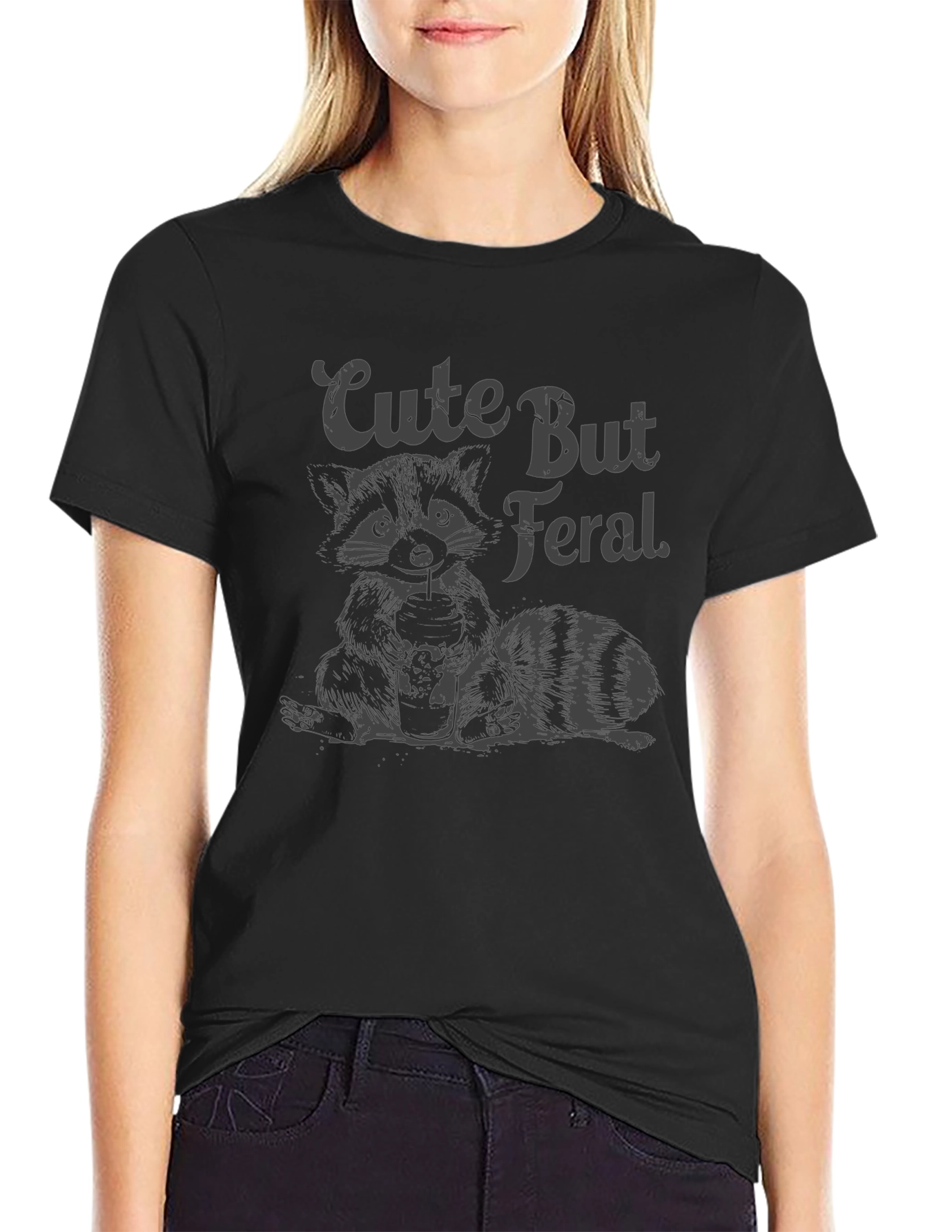 Black Cute But Feral Raccoon Graphic T-Shirt view 2