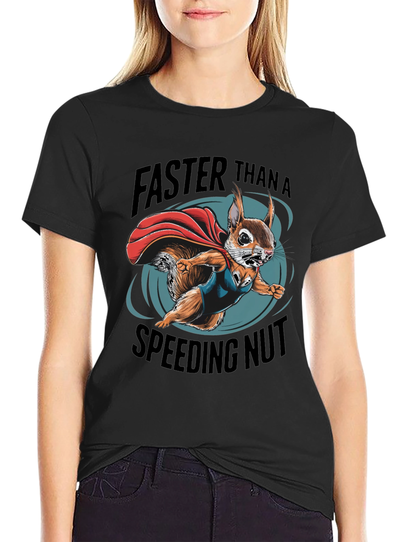 Black Faster Than a Speeding Nut Squirrel Tee view 2