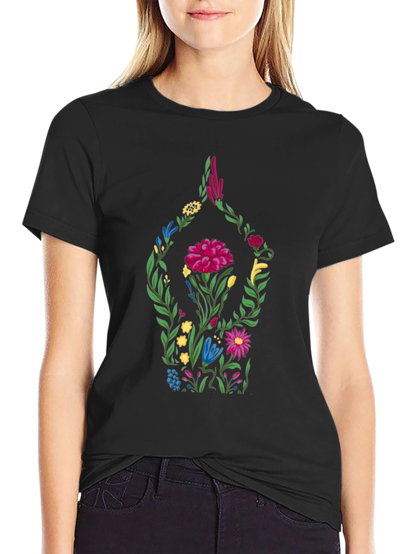 Black Floral Yoga Pose Graphic Tee - Black Cotton T-Shirt view 2