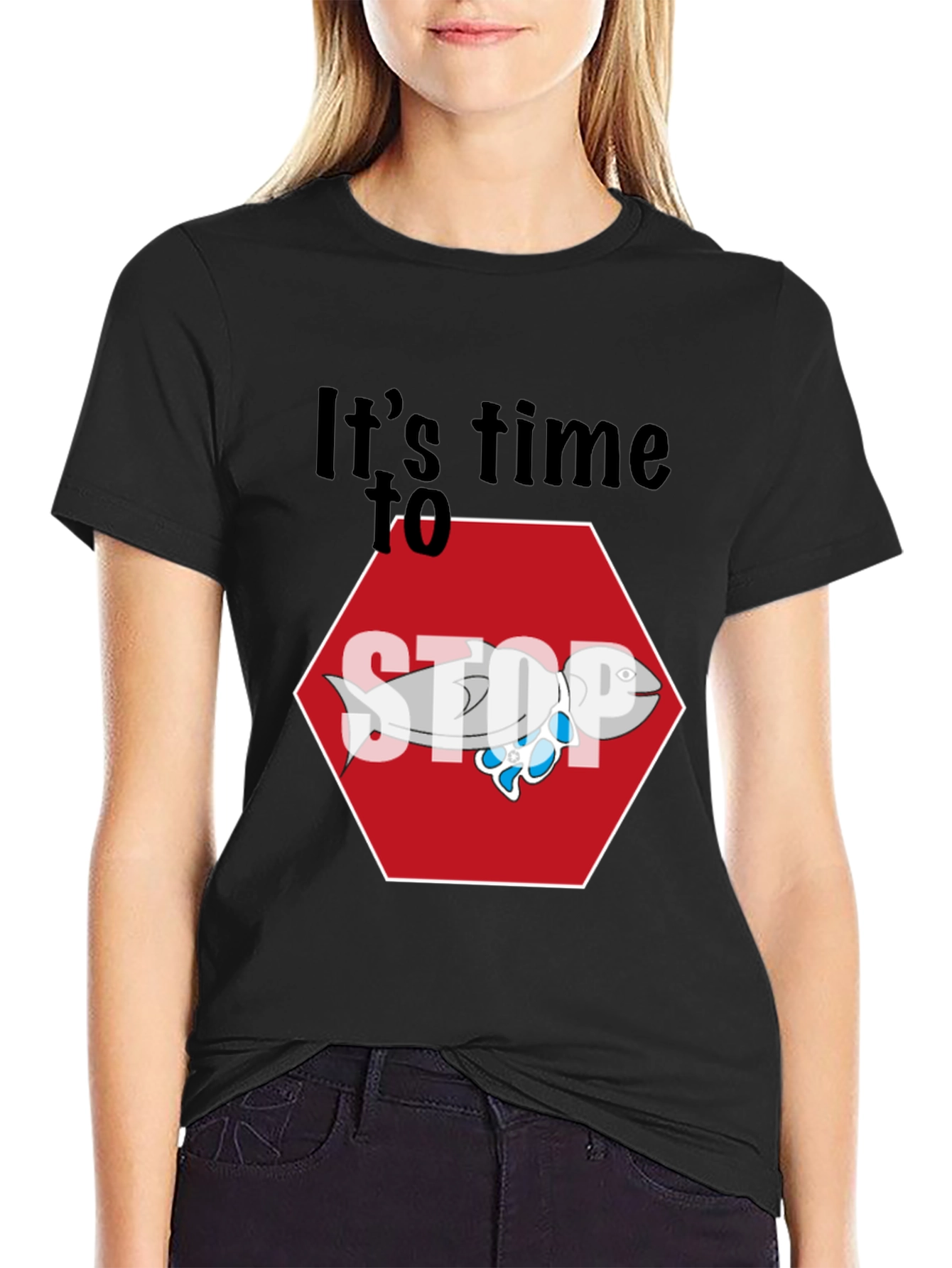 Black It's Time to STOP Fish Stop Sign Graphic Tee view 2