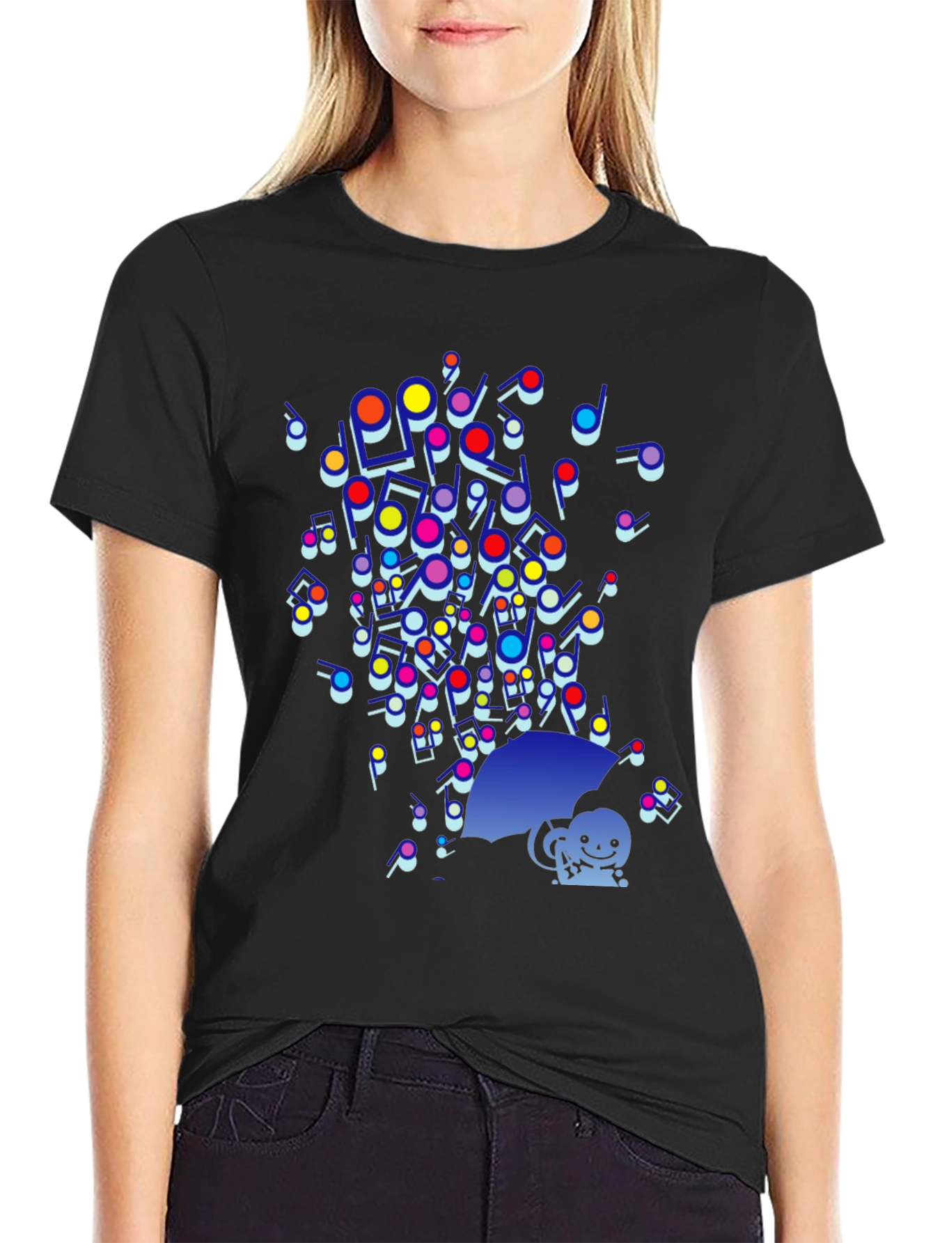 Black Colorful Music Notes Umbrella Graphic Tee - Funky Casual Style view 2