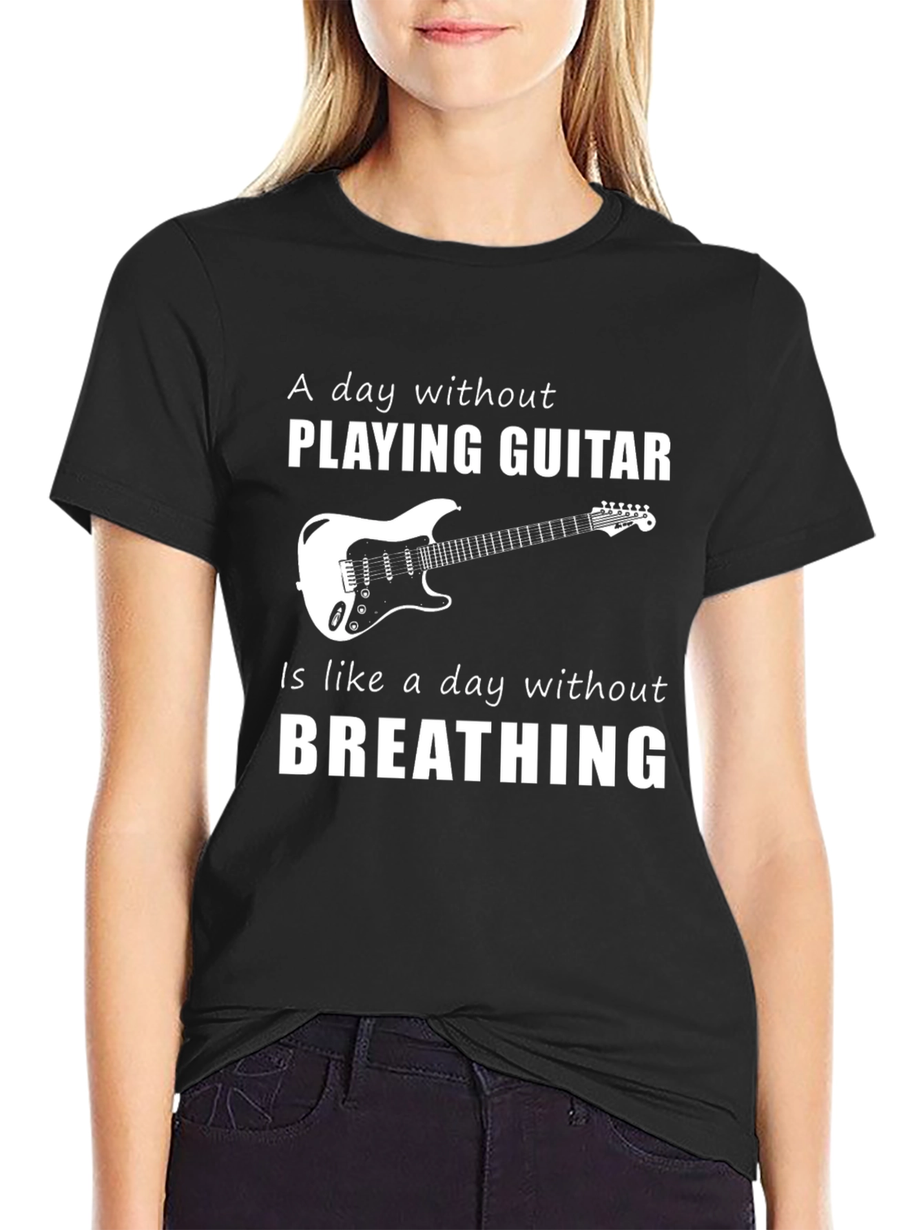 Black Guitar Lover T-Shirt - "A Day Without Guitar" view 2