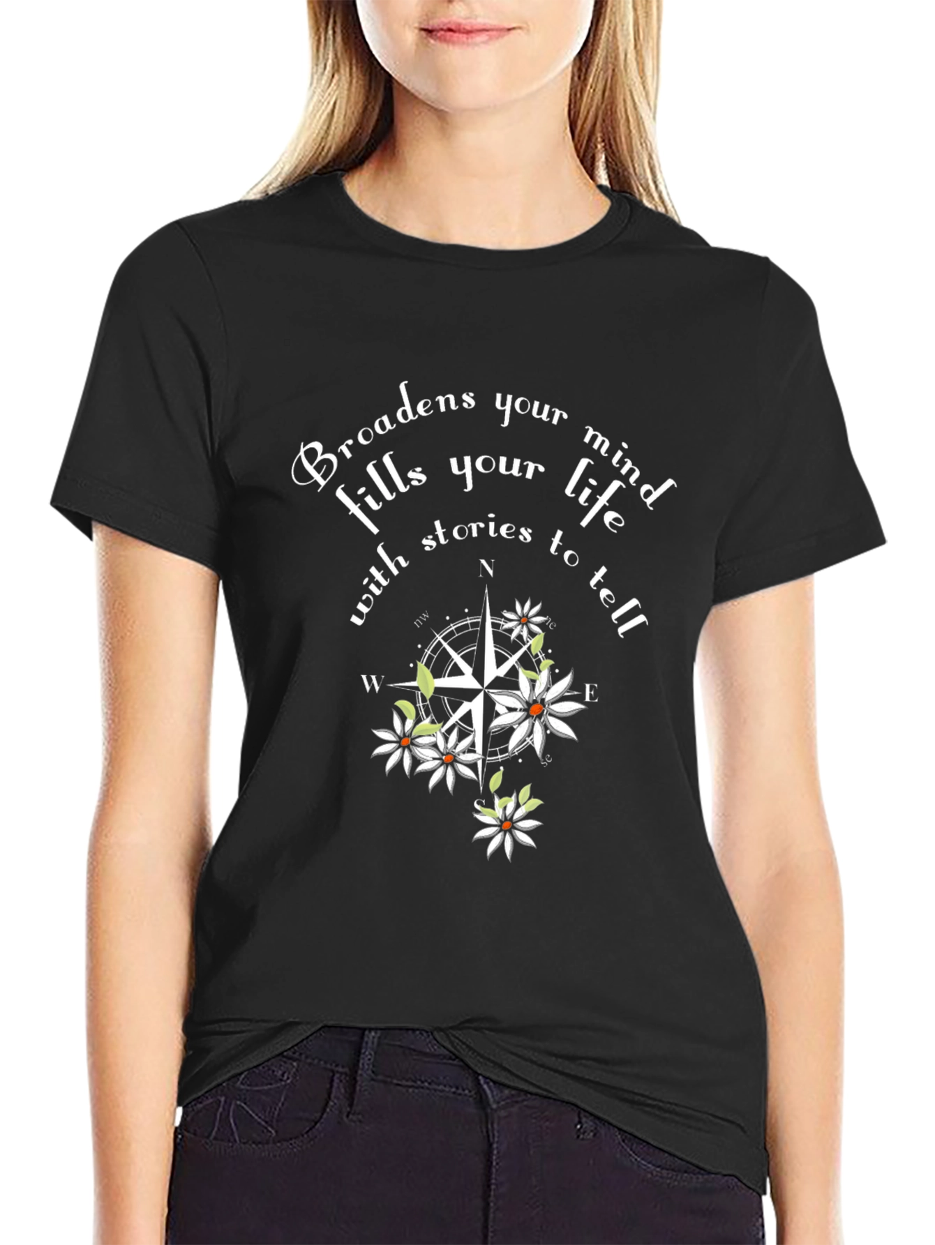 Black Inspirational Compass Floral Graphic Black T-Shirt view 2