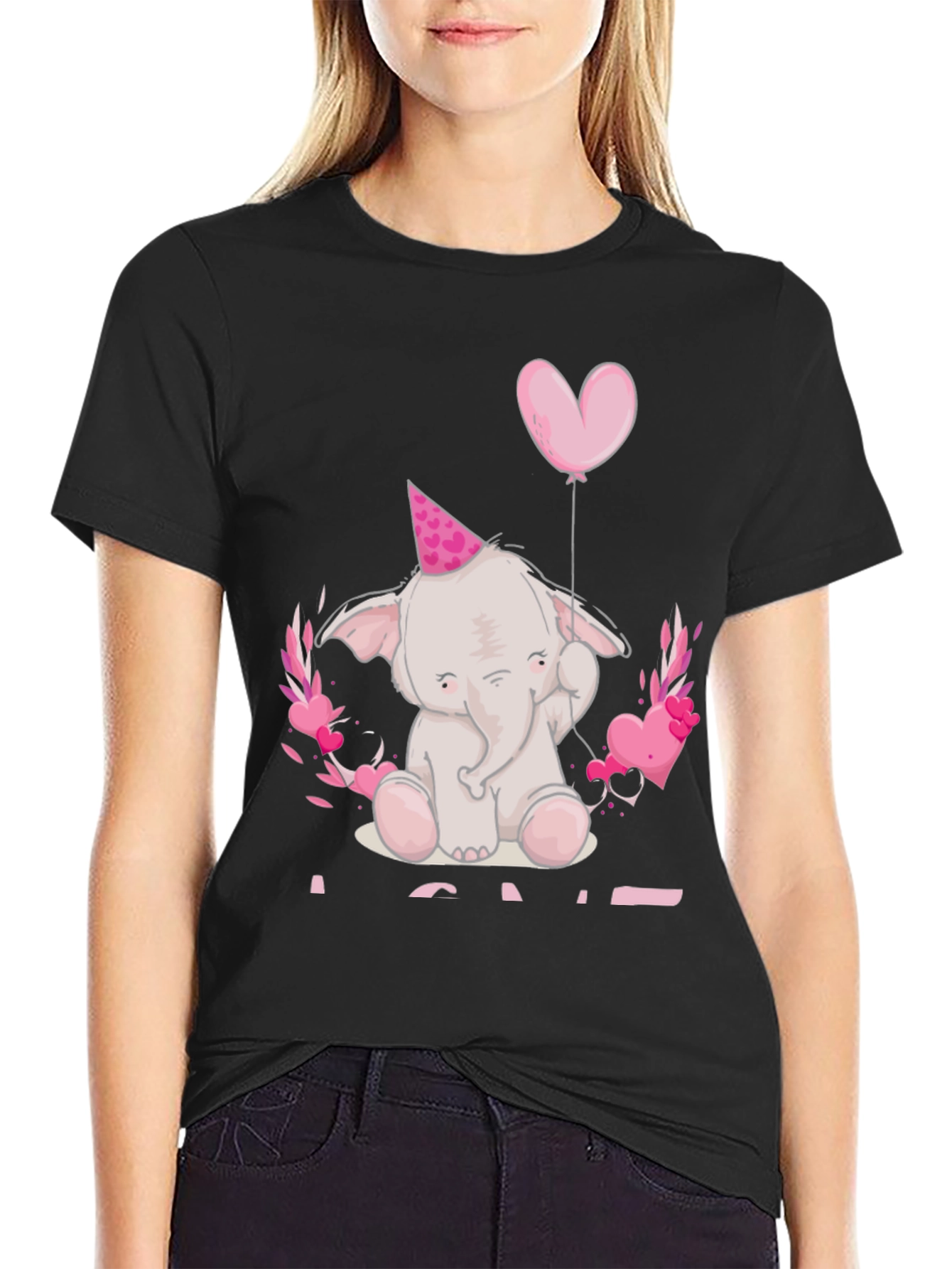 Black Cute Elephant Heart Balloon Graphic Tee view 2