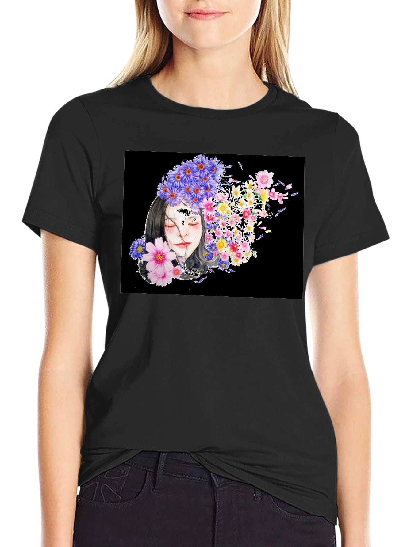 Black Floral Woman Black T-Shirt view 2