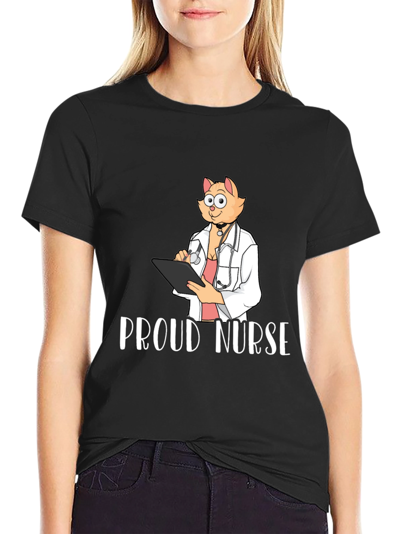 Black Proud Nurse Cat T-Shirt - Novelty Tee view 2