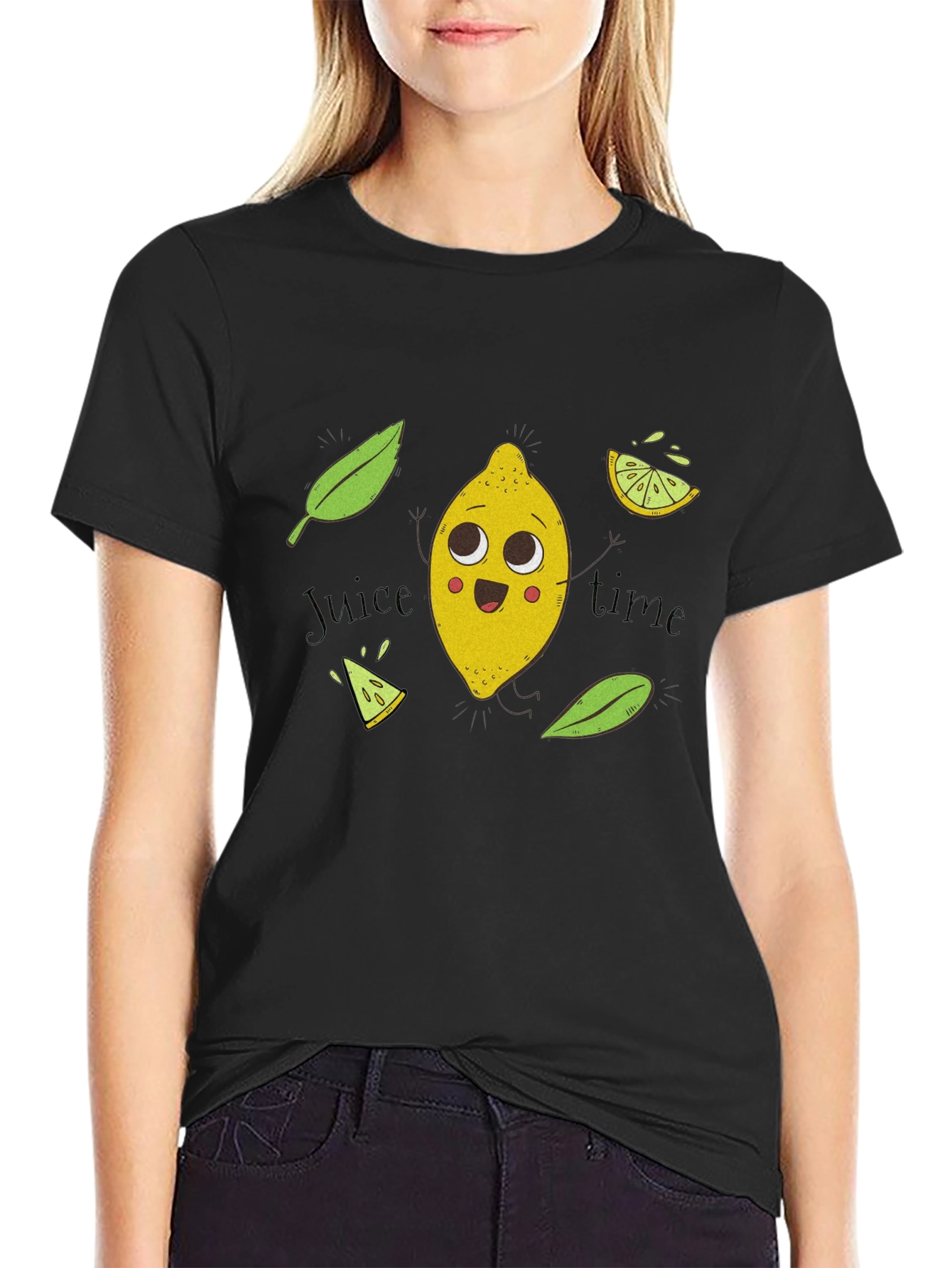 Black Cute Lemon Cartoon Black T-Shirt - Juice Time! view 2