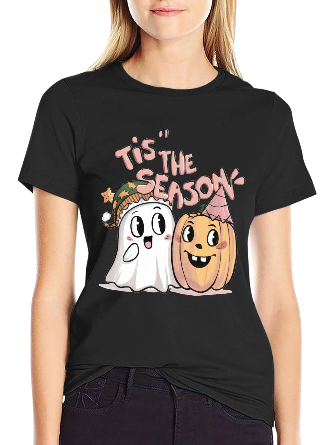 Black Tis' the Season Halloween Ghost & Pumpkin T-Shirt view 2