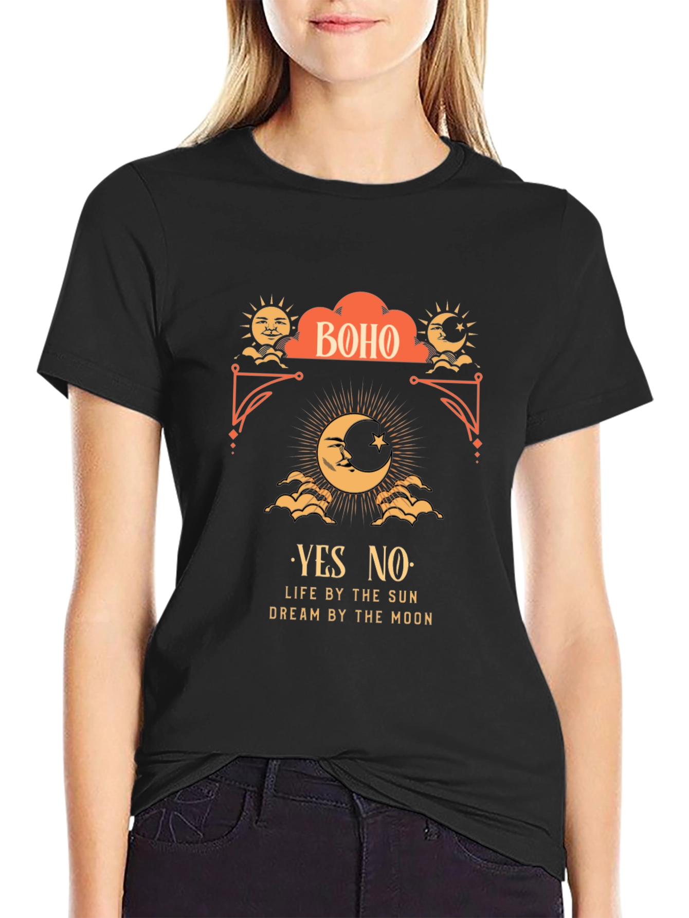 Black Boho Sun & Moon Graphic T-Shirt view 2