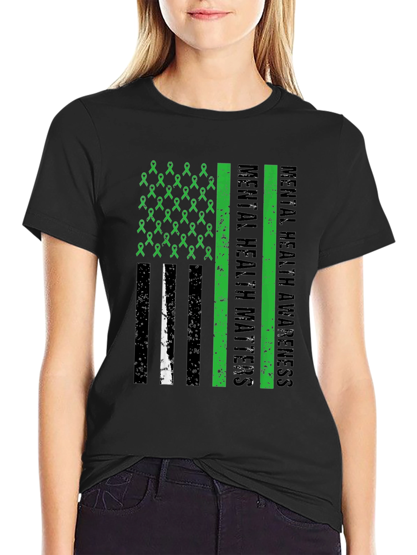 Black Mental Health Matters Awareness Ribbon American Flag Tee view 2