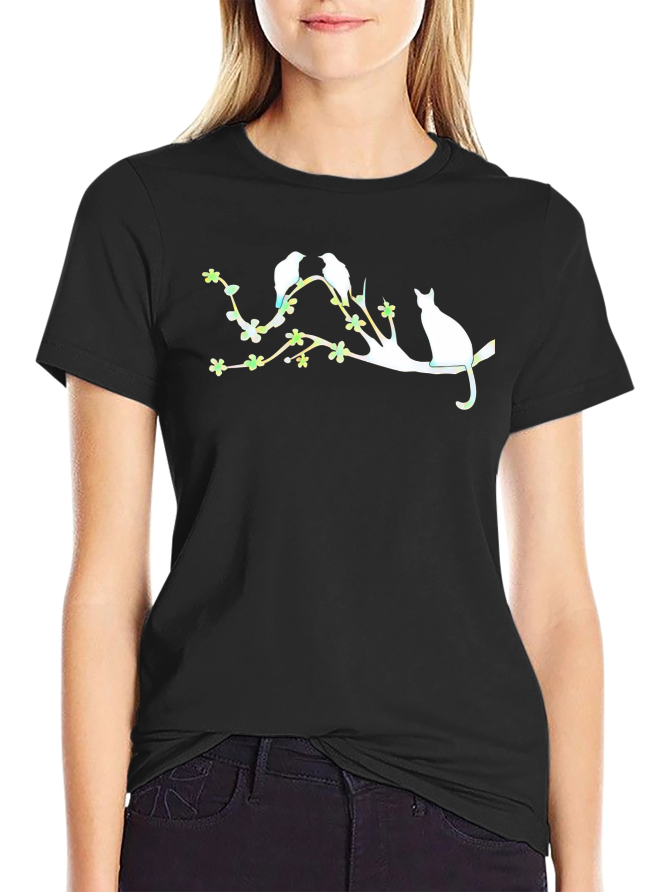Black Birds, Cat, & Blossoms Black Graphic Tee view 2