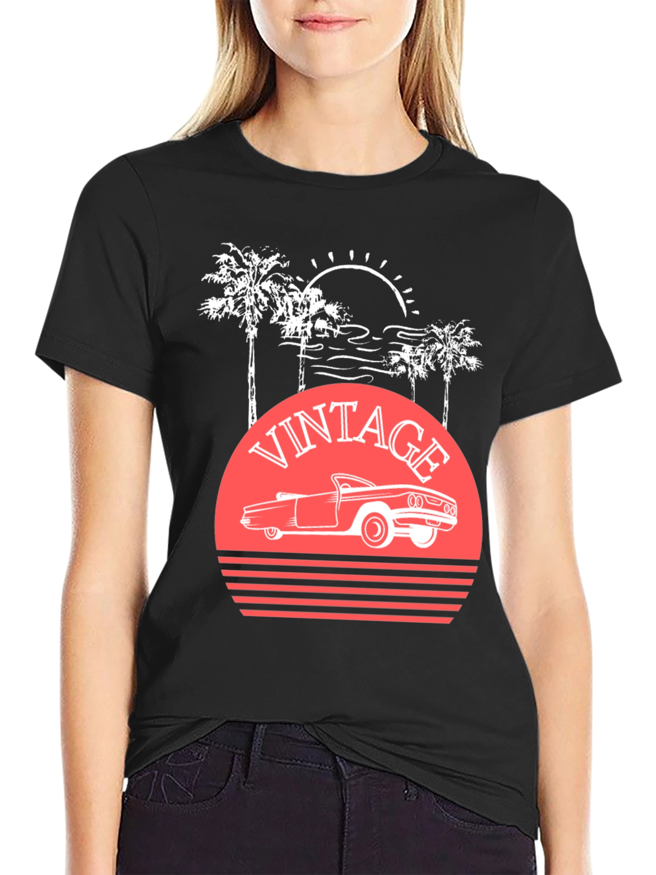 Black Vintage Car Sunset T-Shirt view 2