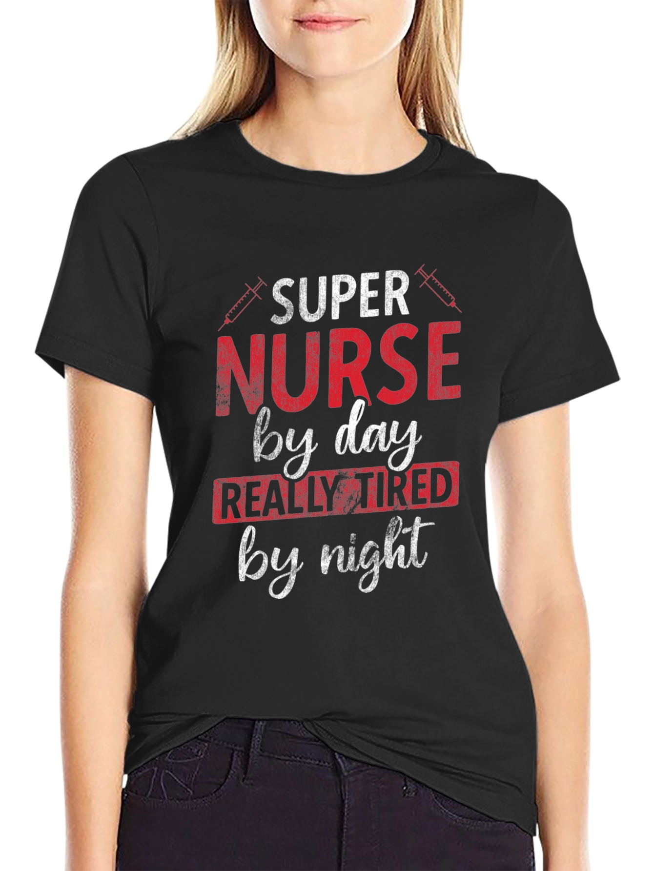 Black Super Nurse T-Shirt - Day and Night view 2