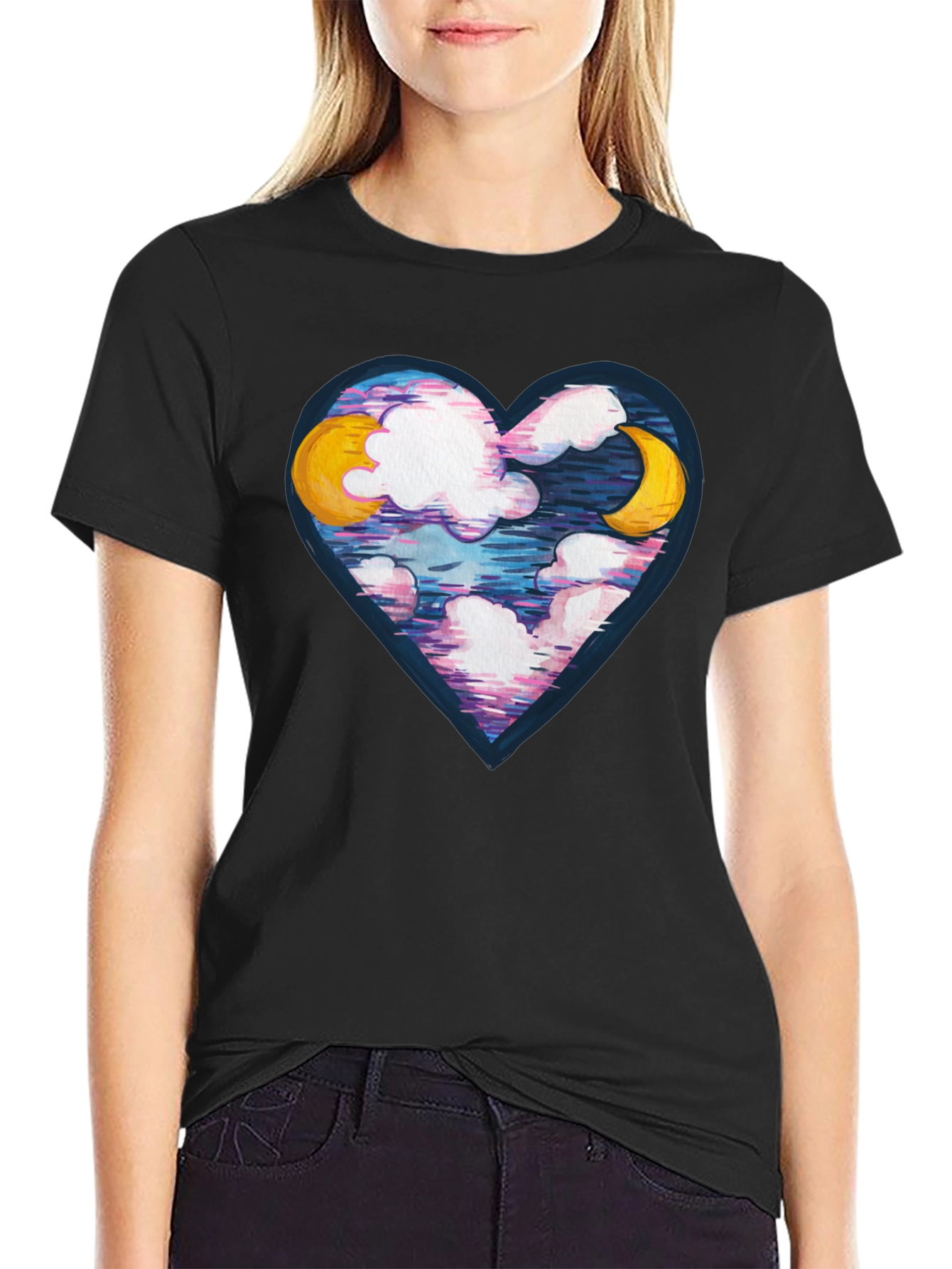Black Moon and Clouds Heart Graphic Tee - Black view 2