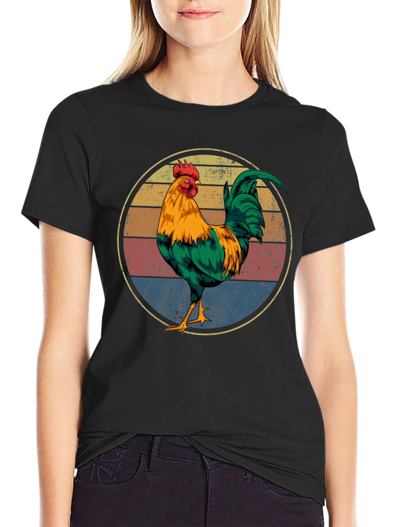 Black Retro Rooster Graphic Tee - Vintage Chicken Shirt view 2