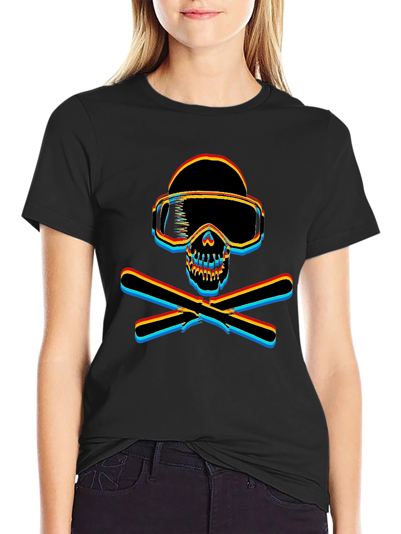 Black Ski Skull Graphic Tee - Black Cotton T-Shirt view 2