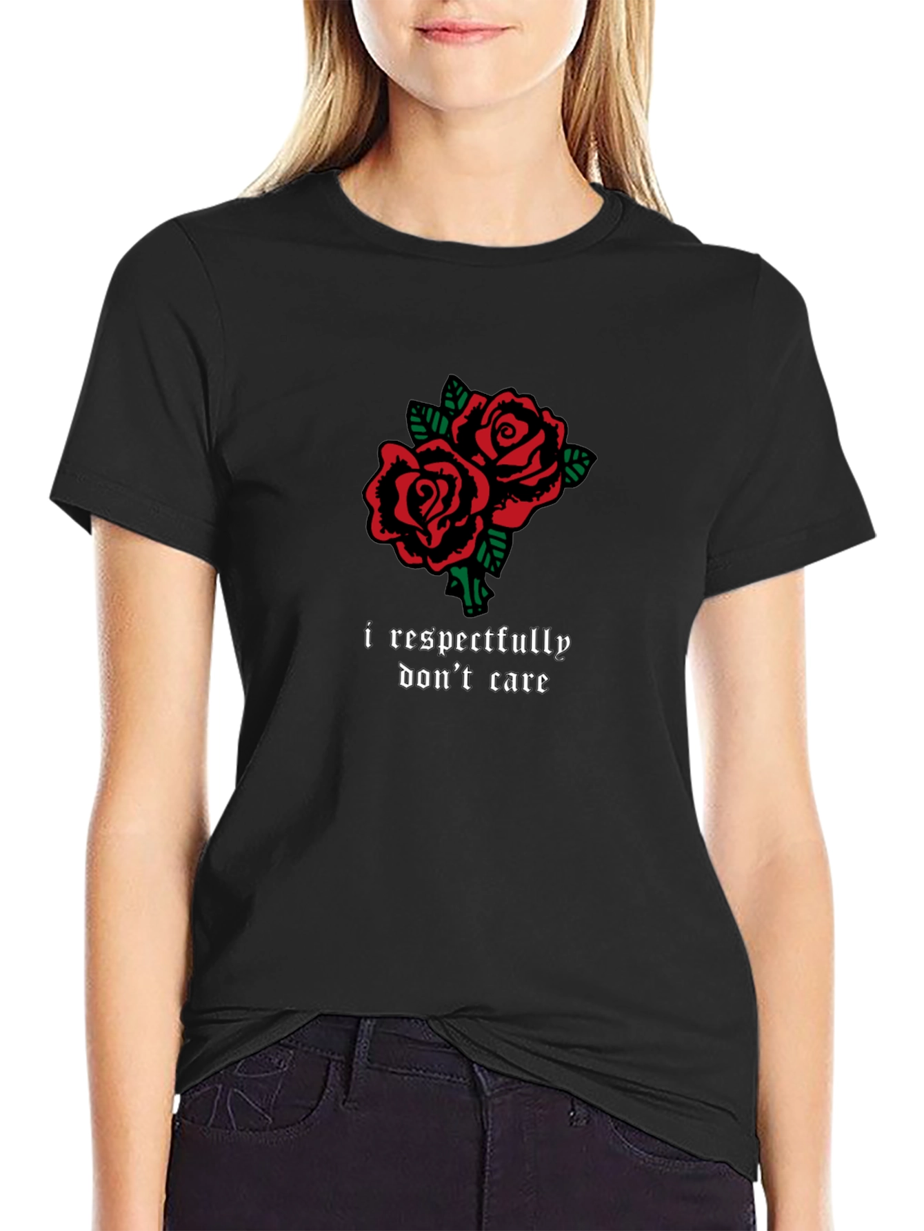 Black Roses and "I Respectfully Don't Care" Graphic T-Shirt view 2