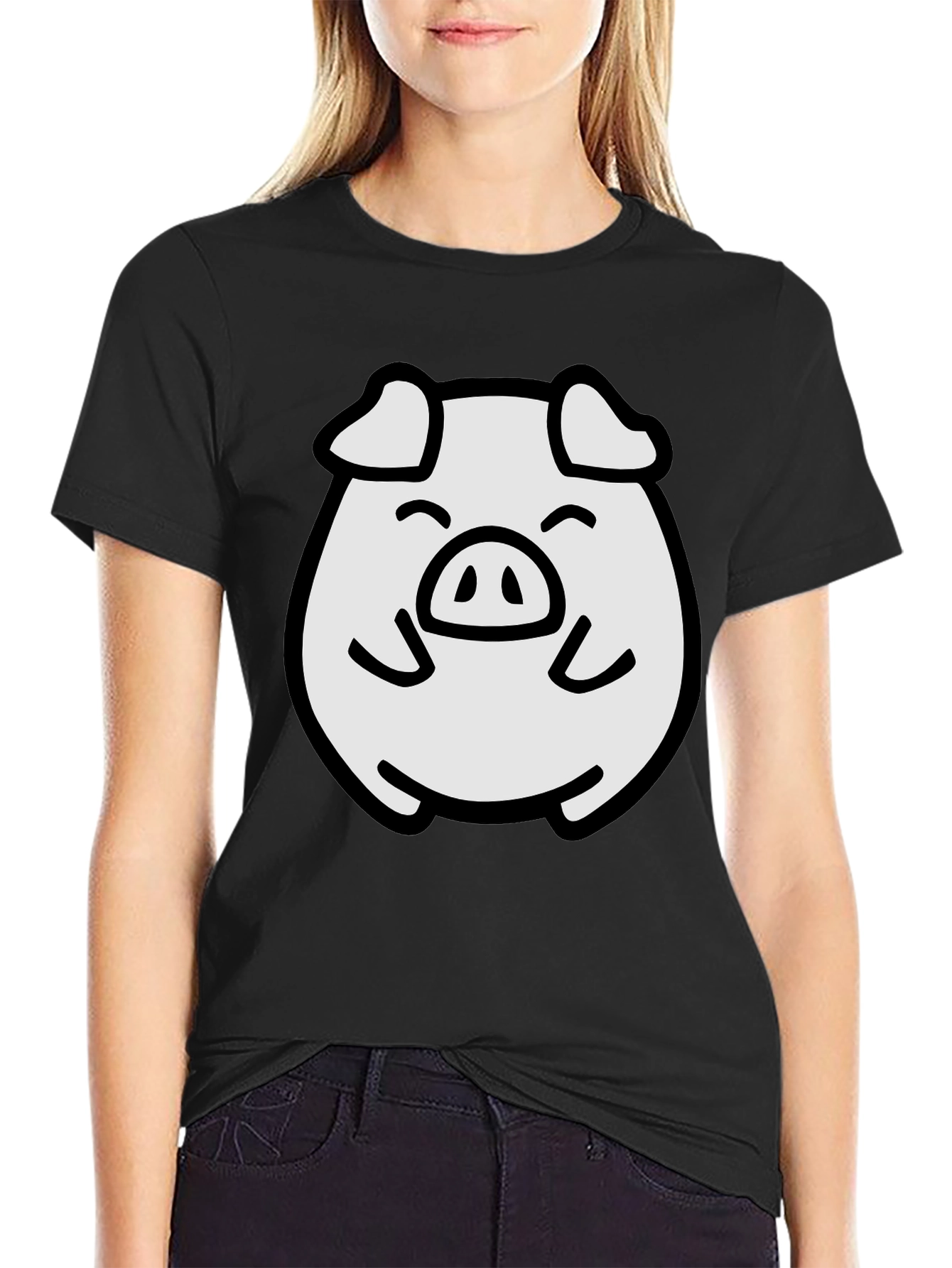 Black Cute Pig Graphic Tee - Black Cotton Blend Comfort view 2
